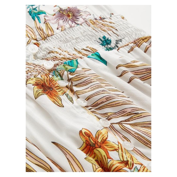 White Tropical Print Maxi Dress Asymmetrical Sleeve Button Down - Picture 2 of 6